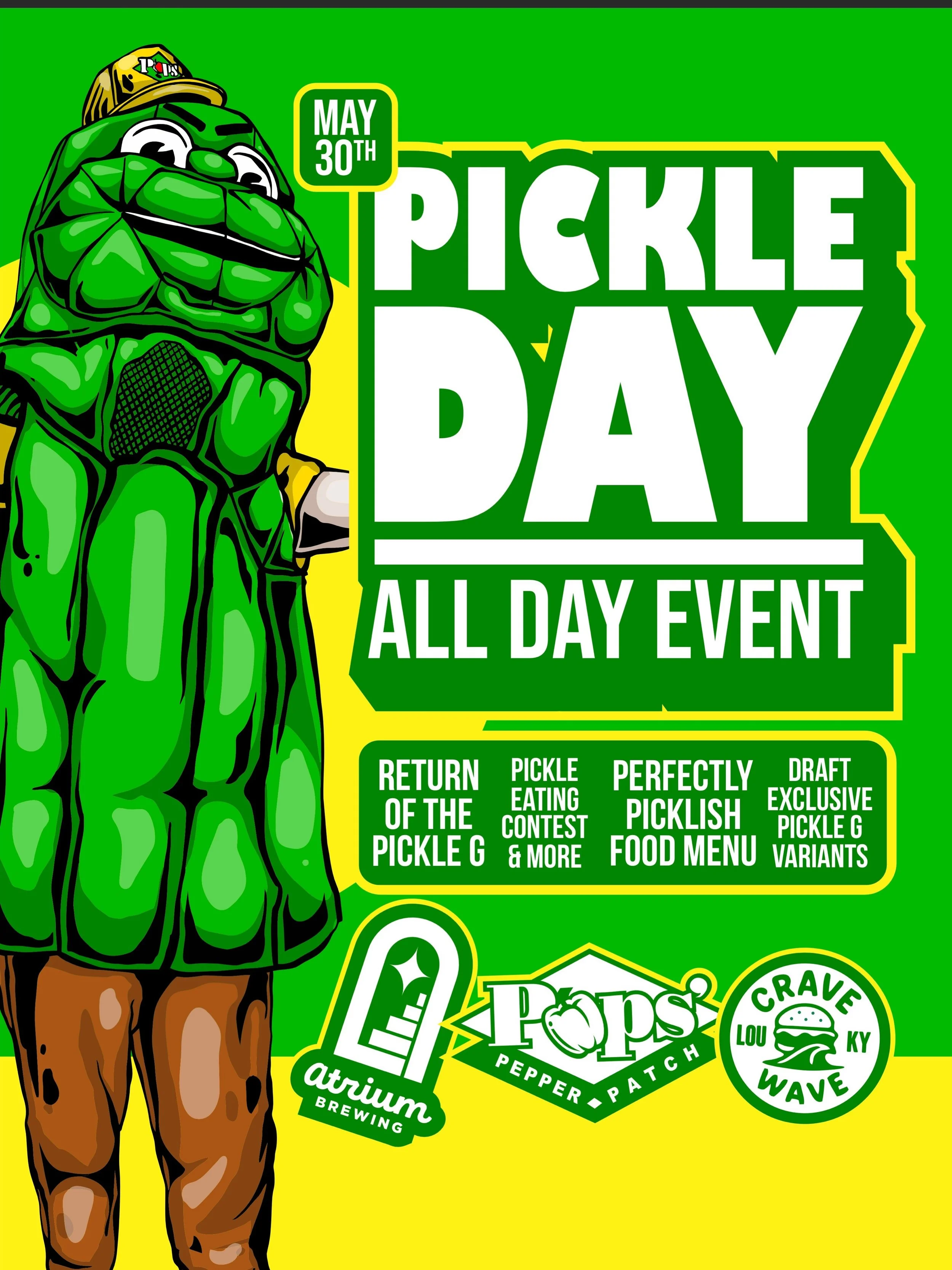 🥒PICKLE DAY IS BACK BB🥒
Logan Street Taproom - 5/30

Atrium Sour Month concludes with an absolute BANGER. A day full of pickle beer, pickle games, and a pickle themed food menu. 

🥒🍻Pickle G Release🥒🍻

We&rsquo;ve teamed up once again with Pops