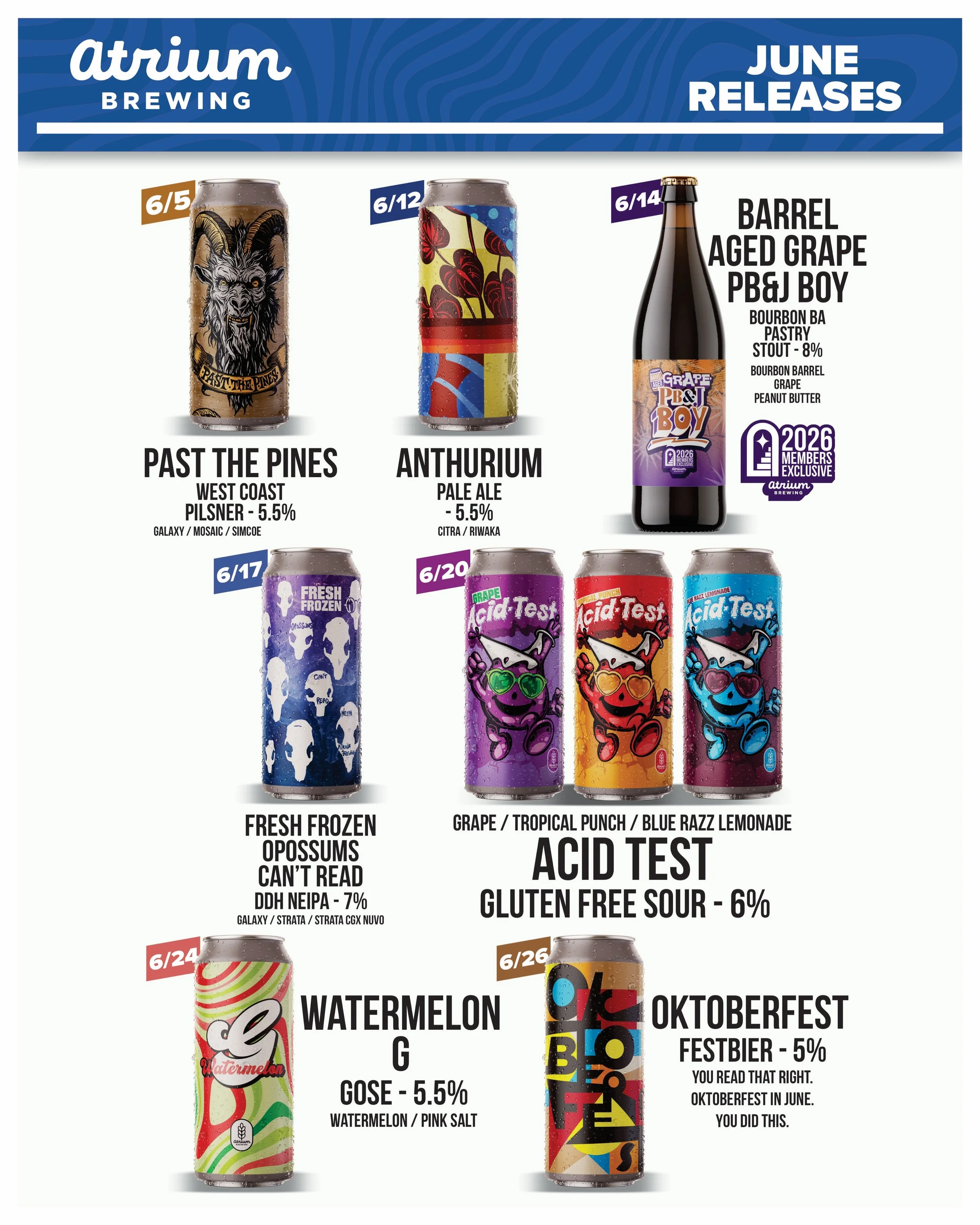 🍻JUNE RELEASES🍻

6/5
🐐Past the Pines🐐
West Coast Pilsner - 5.5%

6/12
🪴Anthurium🪴
Pale Ale - 4.8%

6/19
Barrel Aged Grape PB&amp;J Boy
Bourbon Barrel Aged Pastry Sour - 8%
🚨2026 Atrium Member Exclusive🚨

6/17
Fresh Frozen Opossums Can&rsquo;t