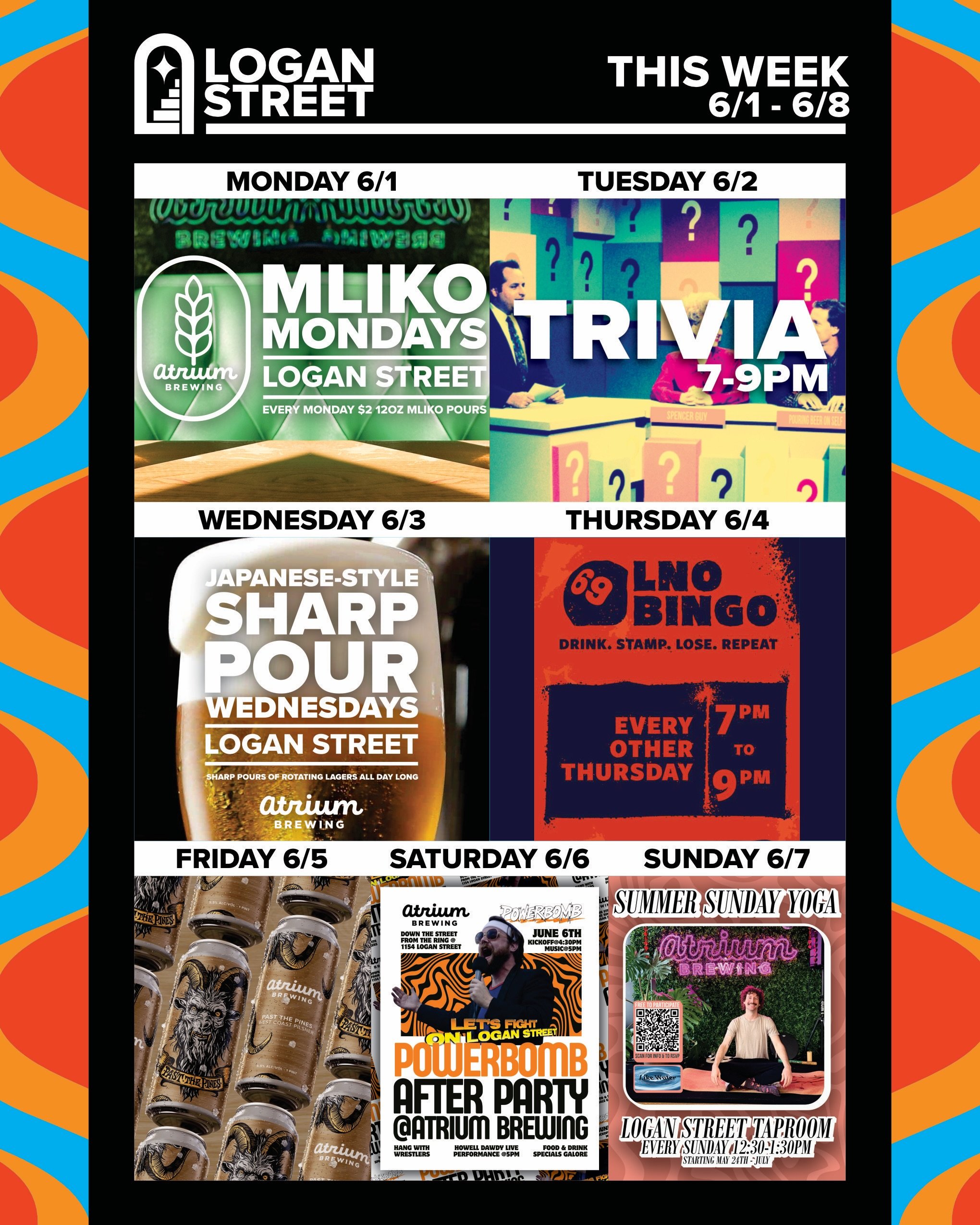 🗓️This Week at Atrium Brewing🗓️
6/1 - 6/8

Monday (6/1)
Logan Street Taproom will be offering up $2 Mliko pours of lager beer every Monday. Got Mliko?

Tuesday (6/2)
Both Taprooms will be hosting Trivia from 7-9PM. Flex your intellectual prowess wi