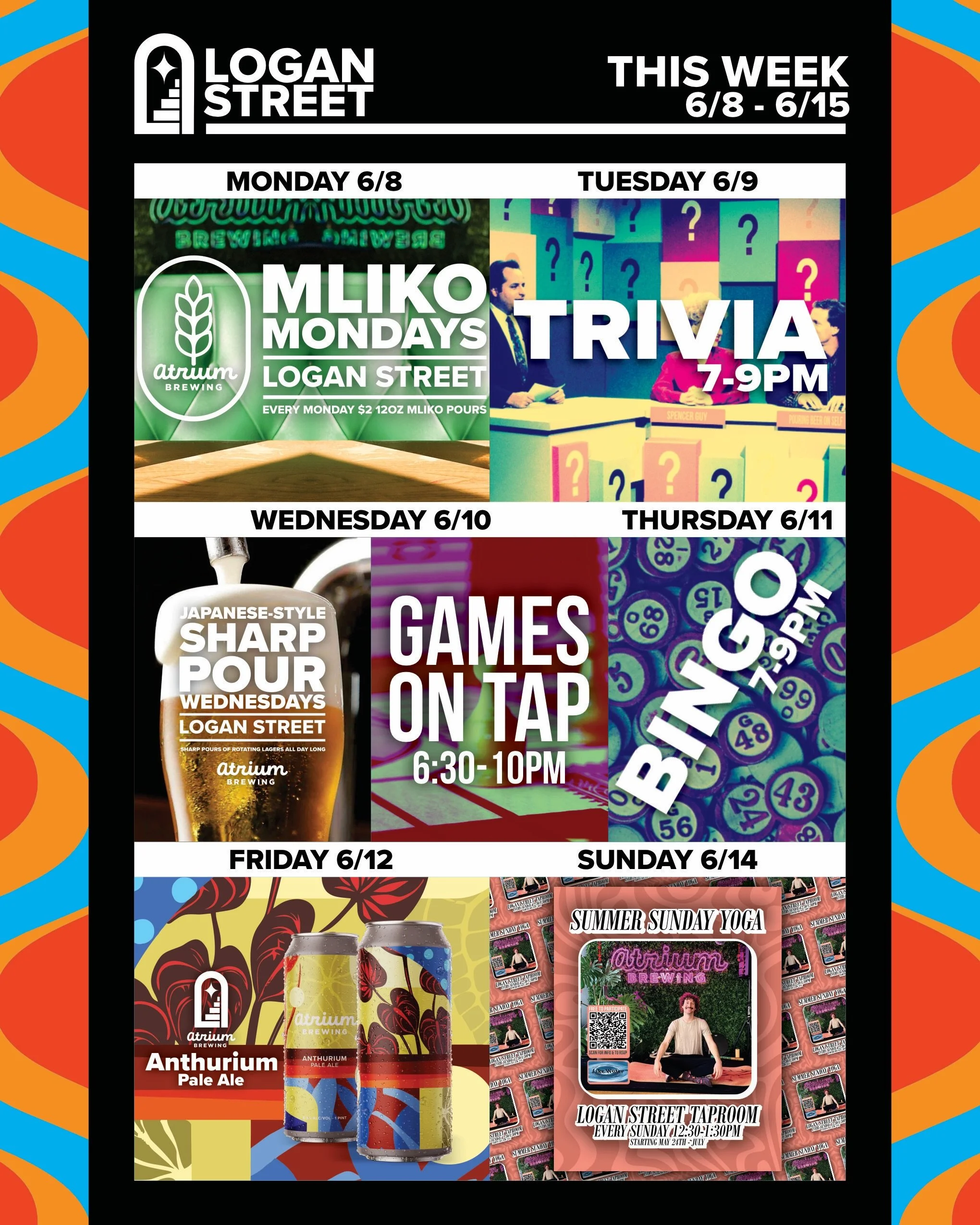 🗓️This Week at Atrium Brewing🗓️
6/8 - 6/15

Monday (6/8)
Logan Street Taproom will be offering up $2 Mliko pours of lager beer every Monday. Got Mliko?

Tuesday (6/9)
Both Taprooms will be hosting Trivia from 7-9PM. Flex your intellectual prowess w
