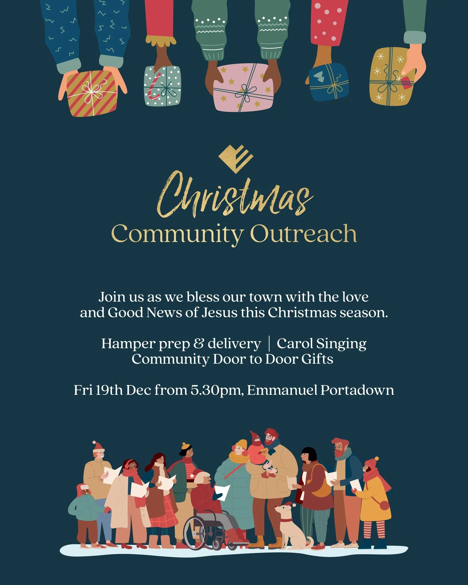 Our Christmas Community Outreach Night is this Friday, 19th Dec at 5.30pm!

We would love you to join us as we seek to bless our town on Friday night through Hamper packing and delivery, Carol Singing and Community door to door gifts.

Sign up at the