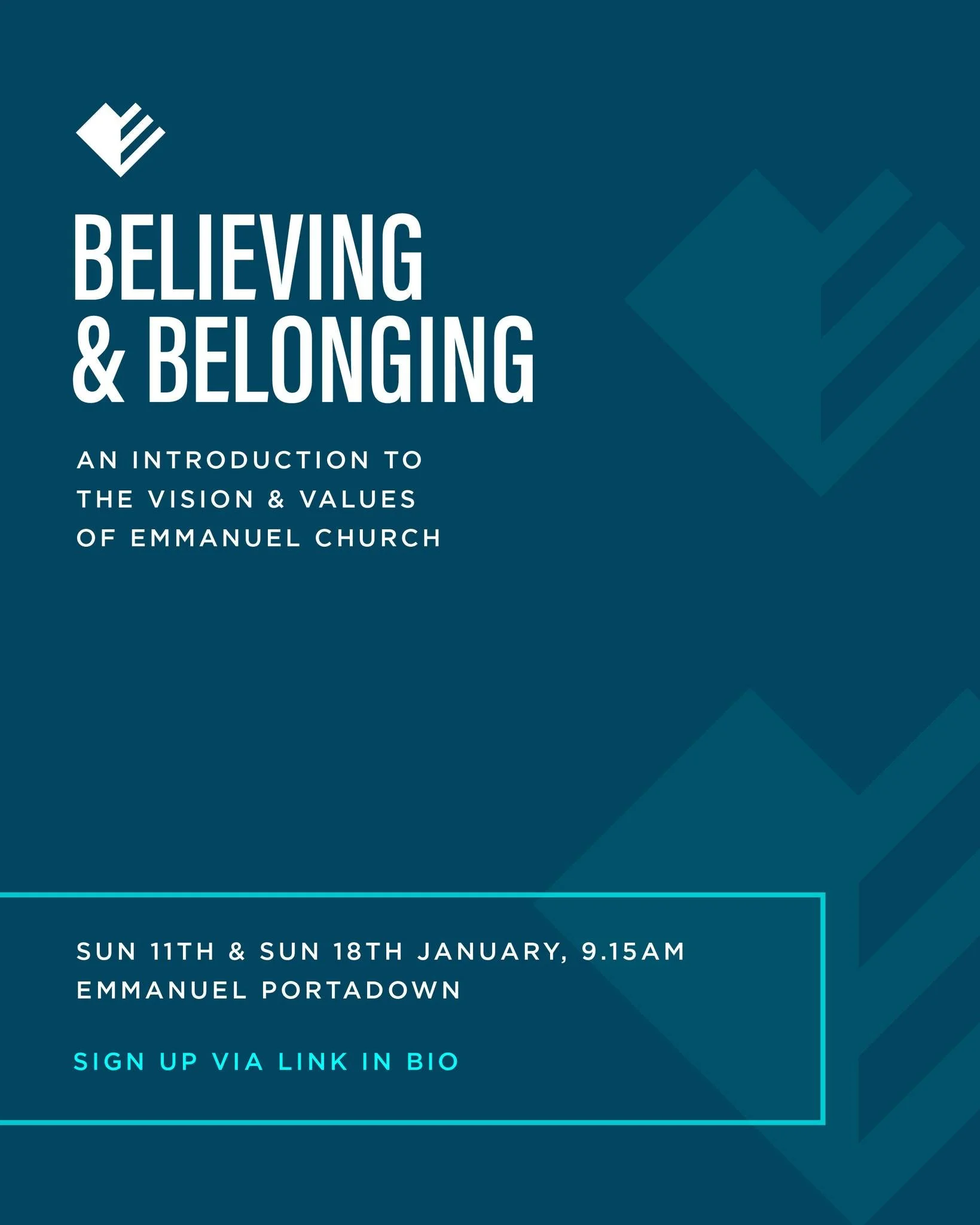 If you have been joining us in Emmanuel Portadown for a while now and it is beginning to feel like 'family' we would love to invite you to join us for our 'Believing and Belonging' course on Sunday 11th January and Sunday 18th January at 9.15am.

'Be