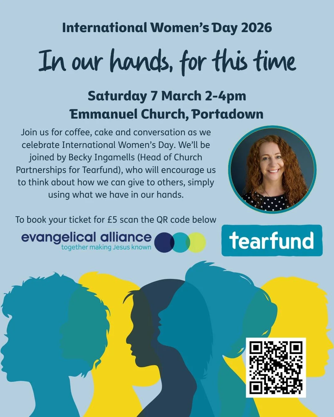 Emmanuel Portadown are hosting an event to mark International Women's Day, led  by Tearfund and Evangelical Alliance. 

The theme will be 'In our hands, for this time' to coincide with the overarching IWD theme, 'Give to gain'. 

We&rsquo;ll be joine