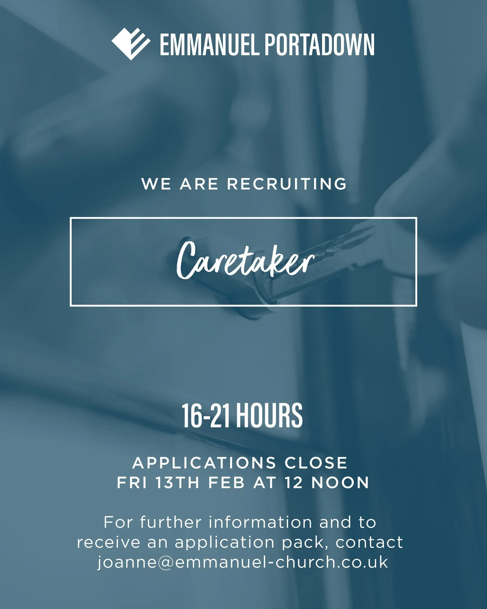 Come join our team in Emmanuel Portadown!

We are seeking a part time caretaker (16-21hrs) to care for and help manage the day-to-day needs of our building and grounds. Would you be interested in helping create a safe, welcoming space for our church 