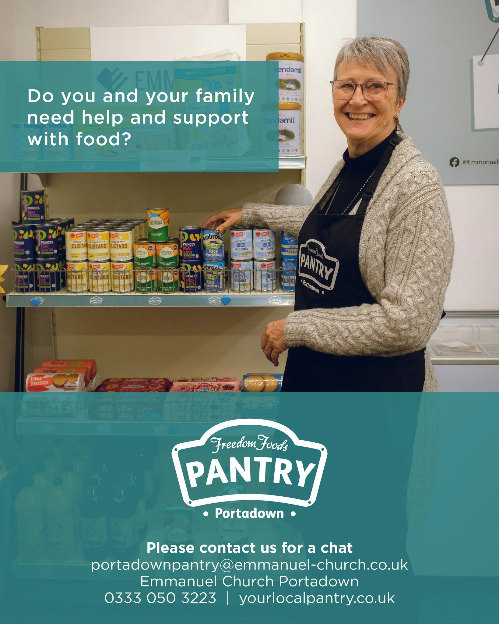 If you have recently found yourself in need of some financial support, Freedom Foods Pantry in Emmanuel Portadown may be able to help.

For a small  subscription fee, Pantry offers access to fresh fruit/vegetables, tinned, frozen and cleaning/hygiene