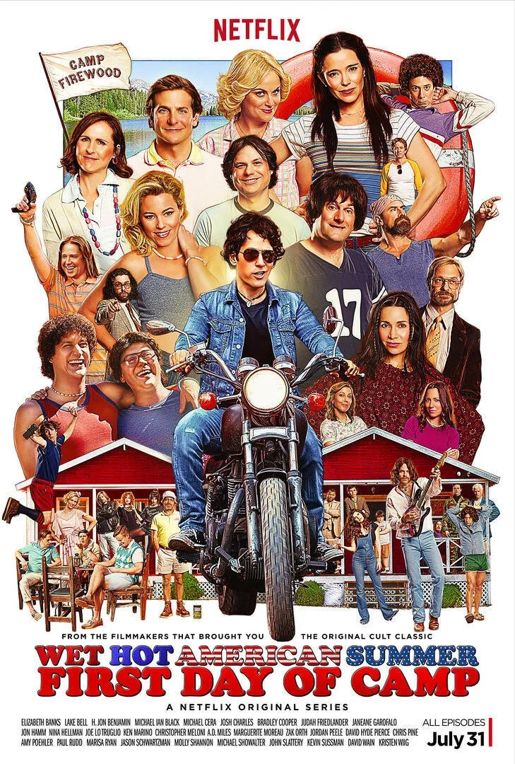Poster for the Netflix series "First Day of Camp" featuring multiple characters including a person on a motorcycle, children, and adults at a summer camp with a lake, cabins, and a lifebuoy in the background.
