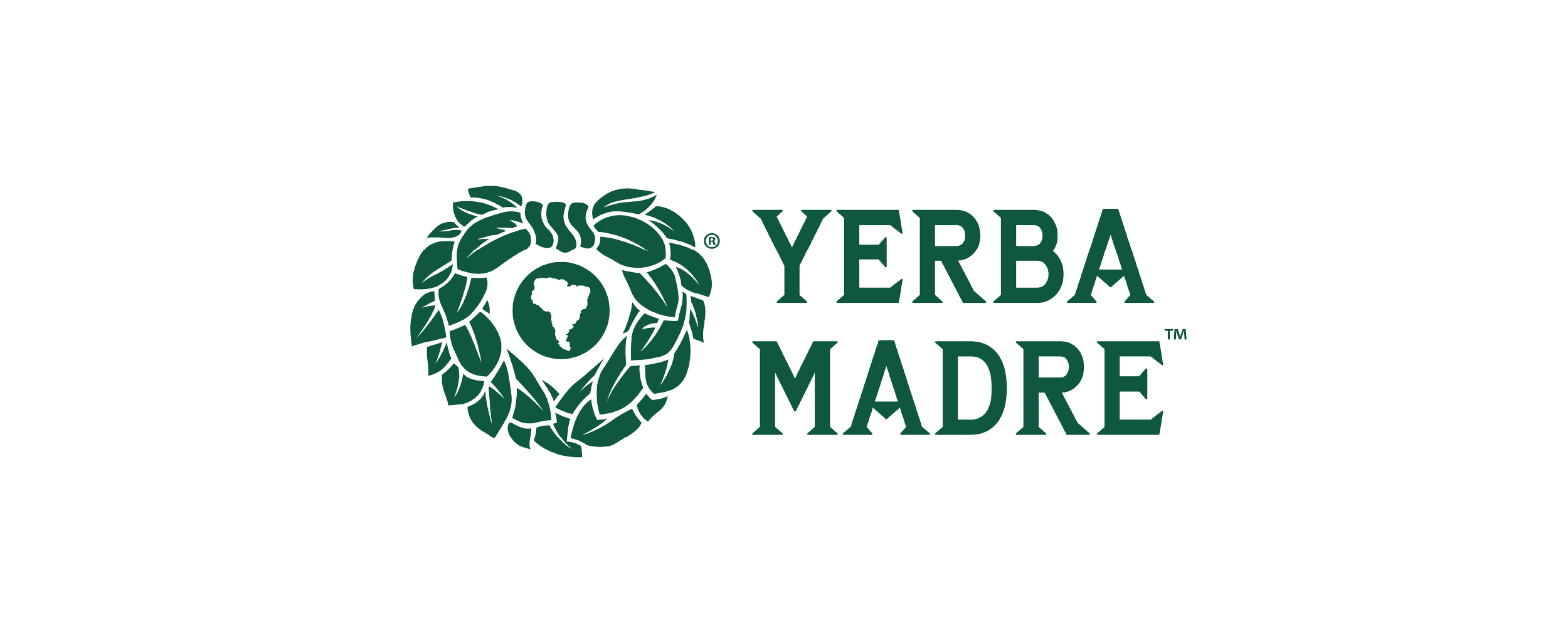 Yerba Madre logo with an illustration of a yerba leaf wreath and the outline of South America in the center.