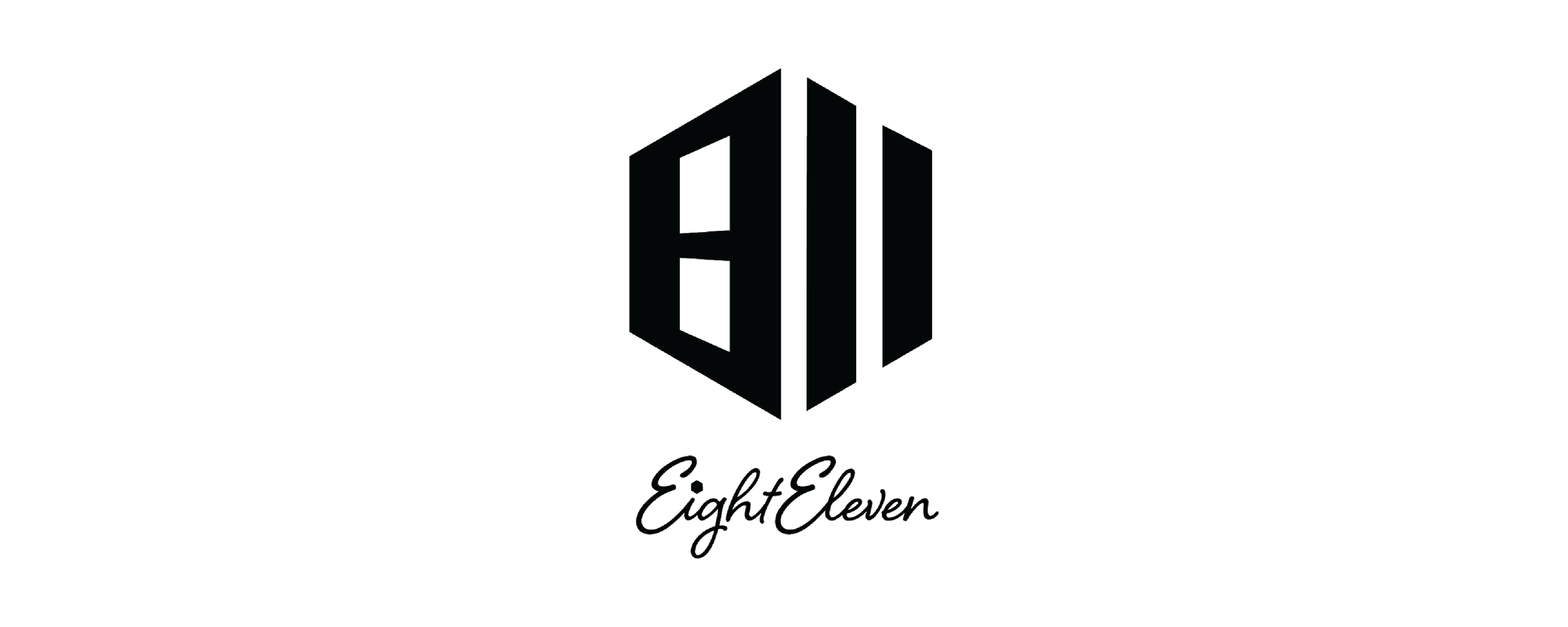 A black and white logo featuring a stylized 3D letter 'E' with the words 'Eight Eleven' written below in cursive.