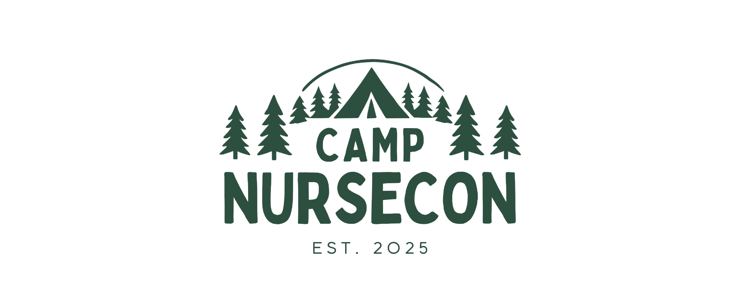 Logo for Camp Nursecon featuring pine trees, a tent, and mountains with the text 'EST. 2025'.