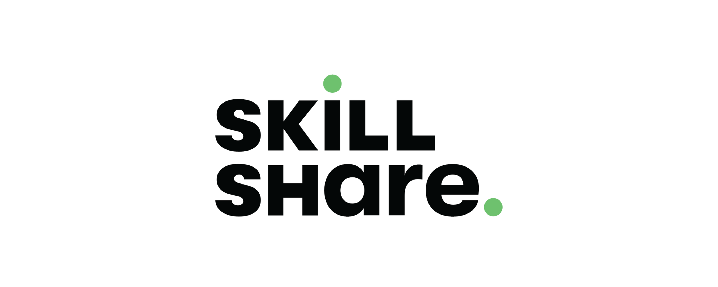 Text saying 'Skill Share' with two green dots, one above and one below the text, on a black background.