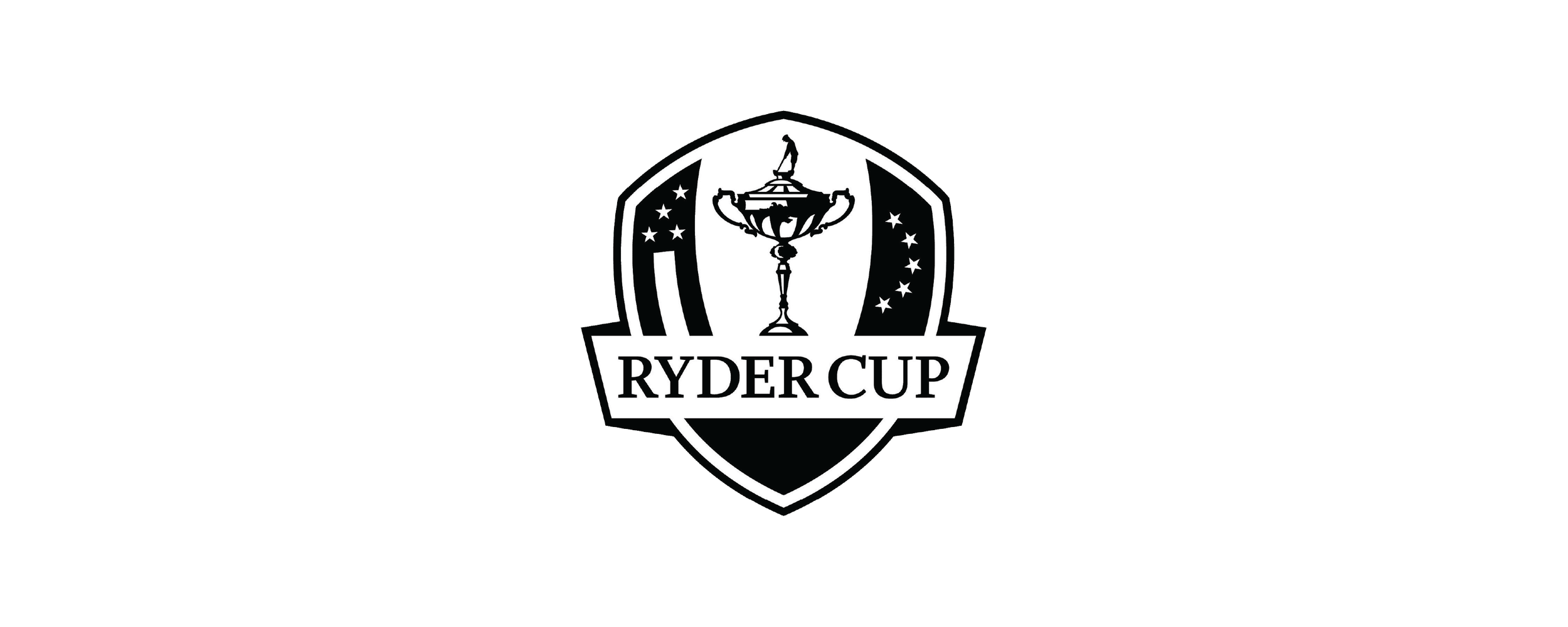 Ryder Cup logo featuring a trophy and an athlete on top, with stars and stripes in black and white.