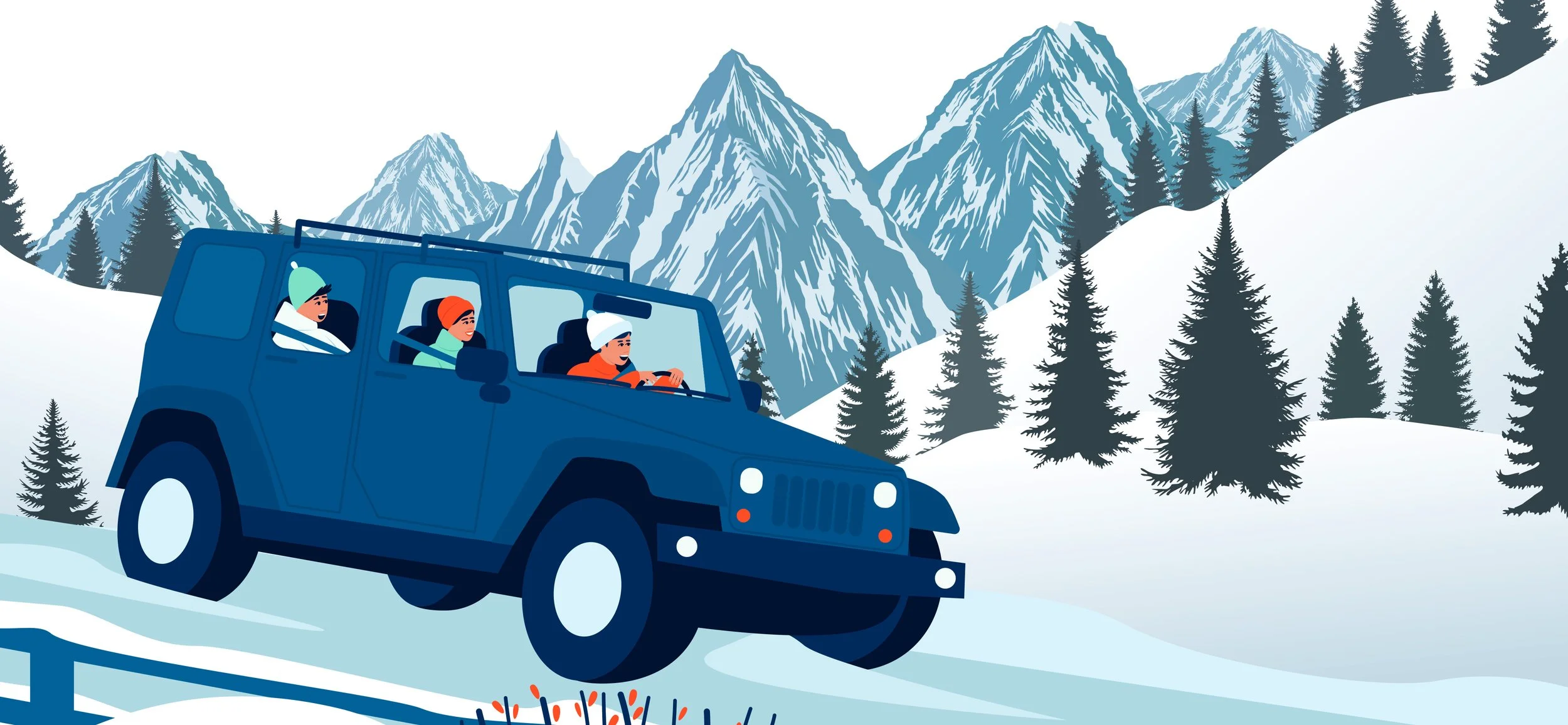 Ilustración de un coche conduciendo en las montañas