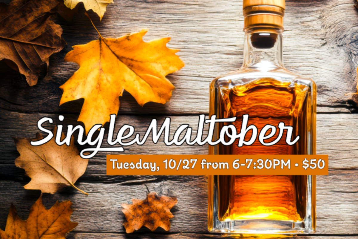 A bottle of whiskey lays flat on a wooden table, surrounded by crisp autumn leaves. The event title, date, and time are listed across the middle.