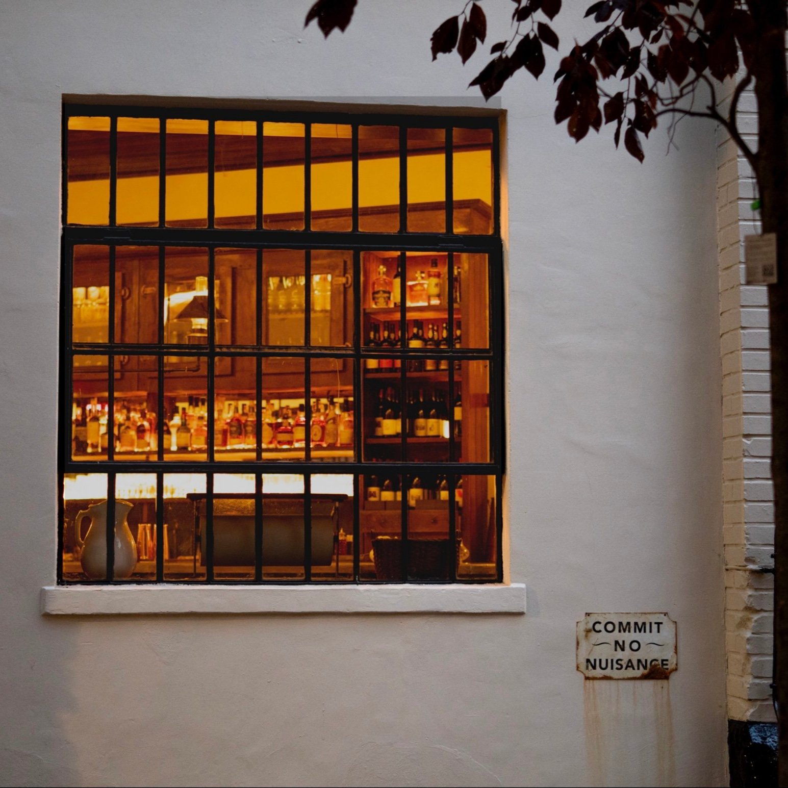 Looking into the Tavern at The Commerce Inn at dusk 