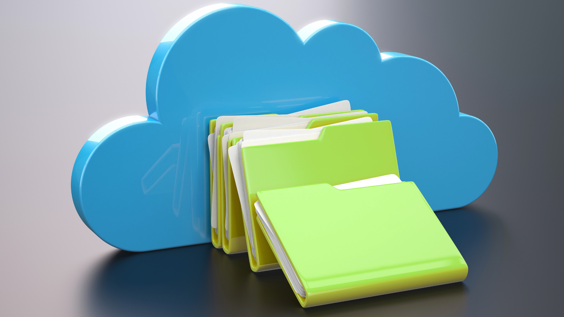 A cloud structure with file folders full of paper leaned against the cloud.