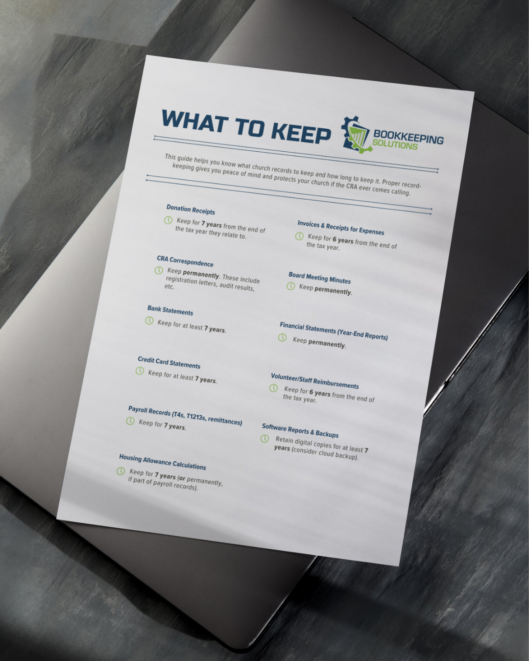 An image of a What to Keep document on a desk.