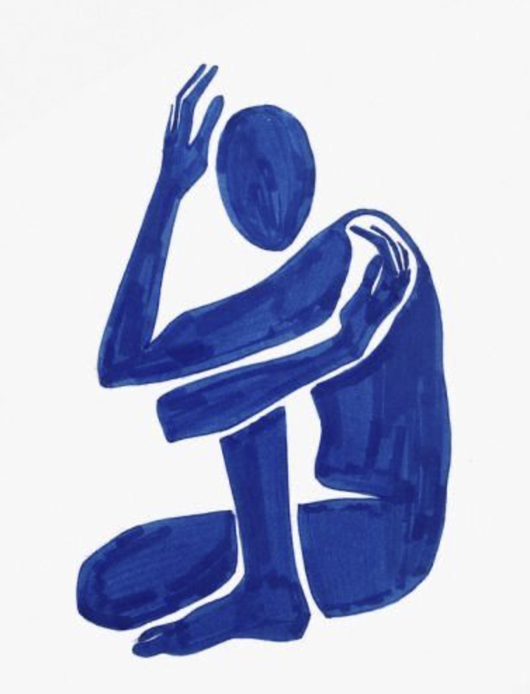 An silhouette in blue of a person sitting with one leg crossed over the other