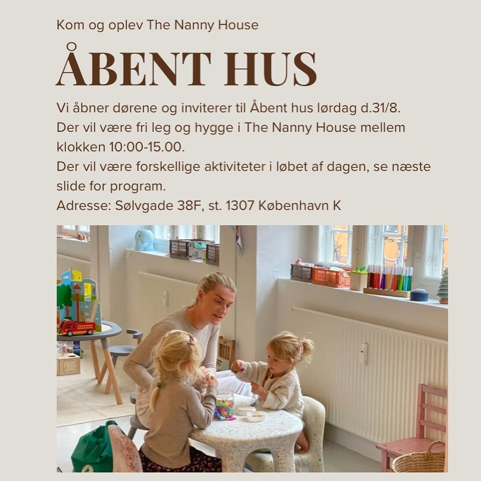 Kom til &aring;bent hus l&oslash;rdag d.31/8, her vil der v&aelig;re fri leg mellem 10:00-15:00. Der vil v&aelig;re forskellige aktiviteter i l&oslash;bet af dagen, s&aring;som dans med Lulu og ansigtsmaling 💃🏻

Vi h&aring;ber p&aring; at se jer. 
