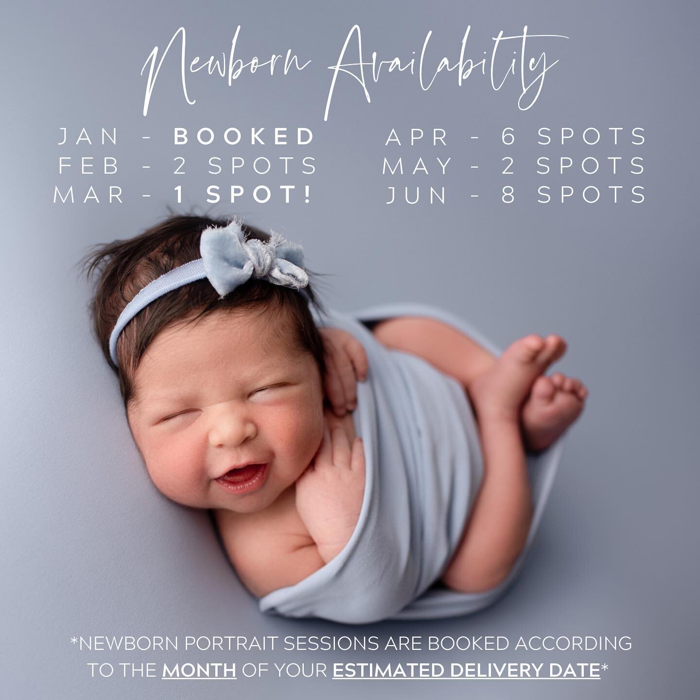 2023 may have just begun, but the first half of the year is already filling up very quickly! If you have new bundle arriving between February and June, it&rsquo;s time to reserve their Newborn Portrait Session. The Studio&rsquo;s Calendar typically f