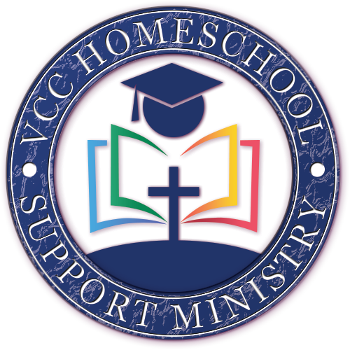 Logo of VCC Homeschool Support Ministry featuring a graduation cap, open book, and cross.