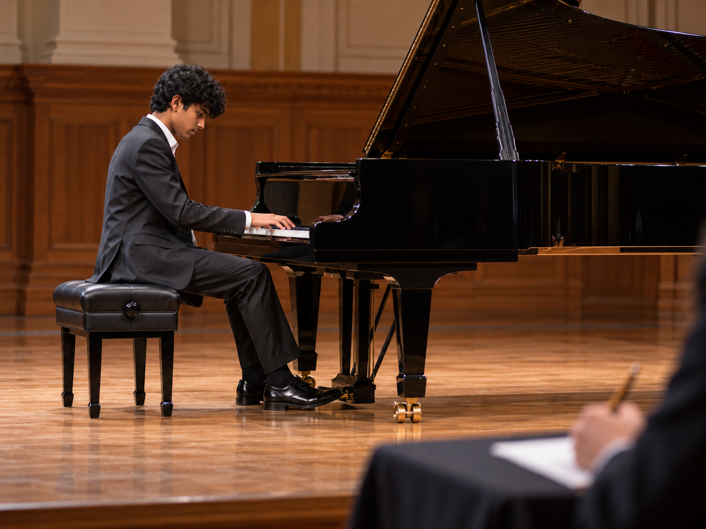 Illustrative scene of a formally dressed teenage pianist performing for adjudication