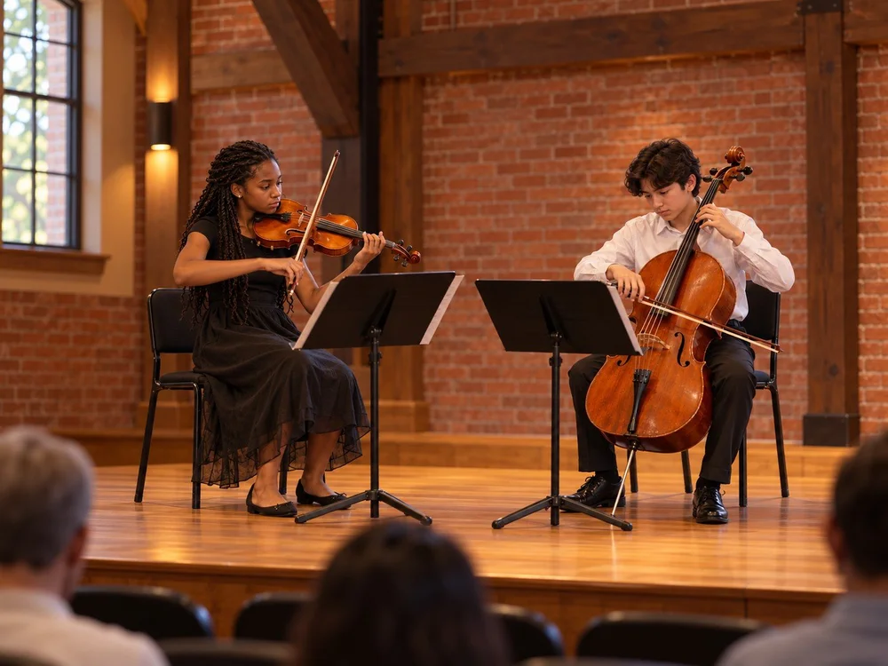 Illustrative scene of young violin and cello musicians performing in a brick recital hall