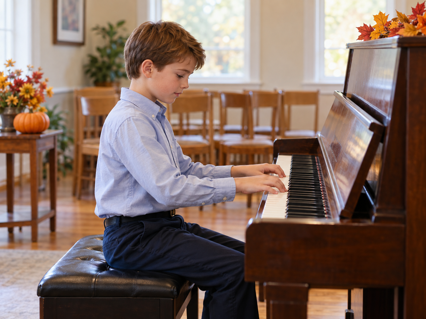 Illustrative scene of a young boy playing piano at a casual autumn recital