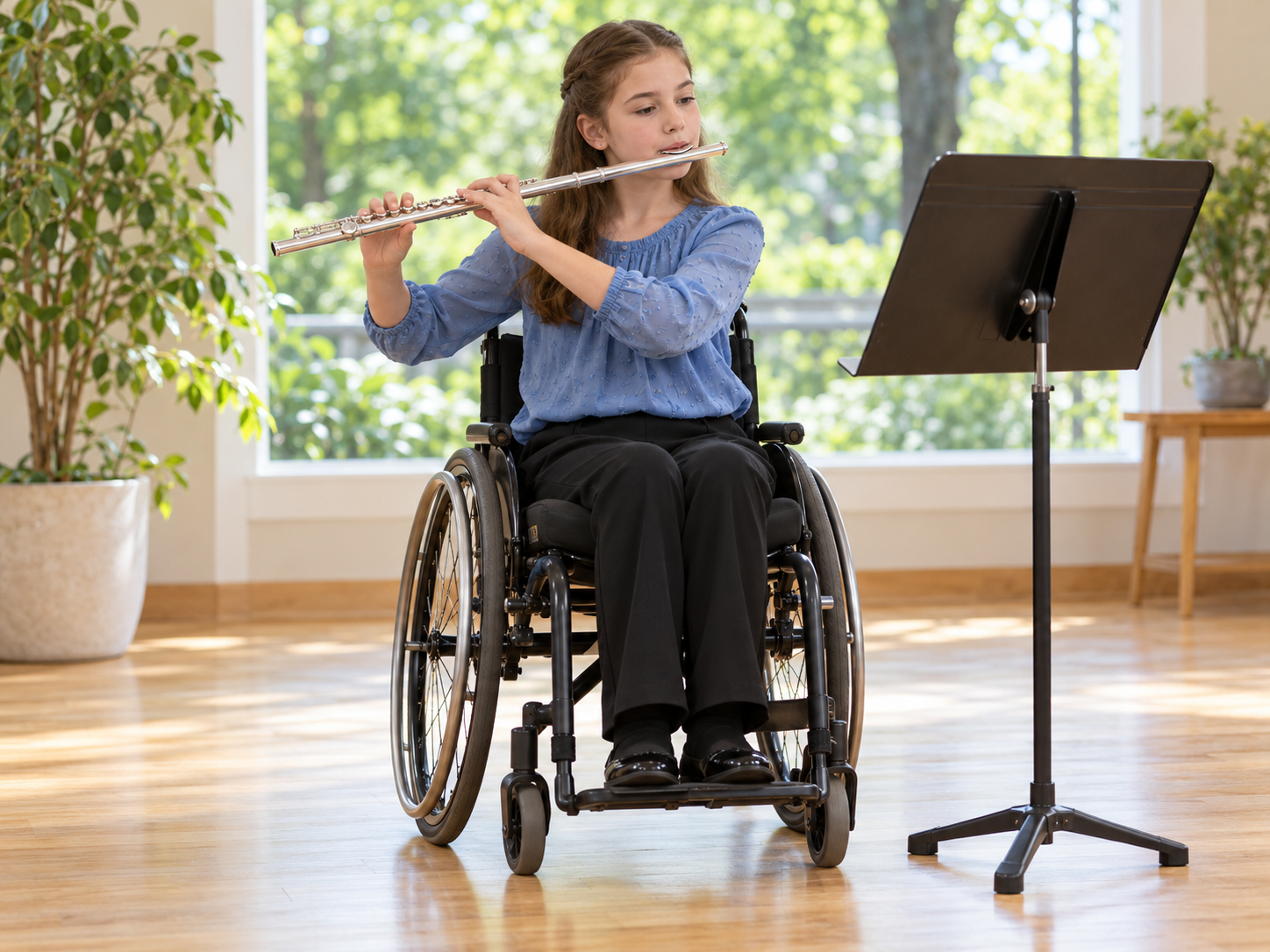 Illustrative scene of a young flutist using a wheelchair at a spring recital