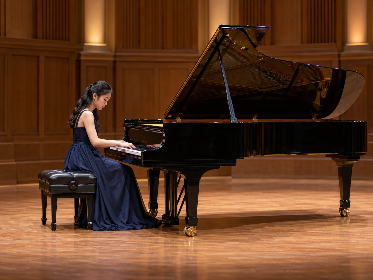 Illustrative scene of a teenage pianist at a formal Baroque festival