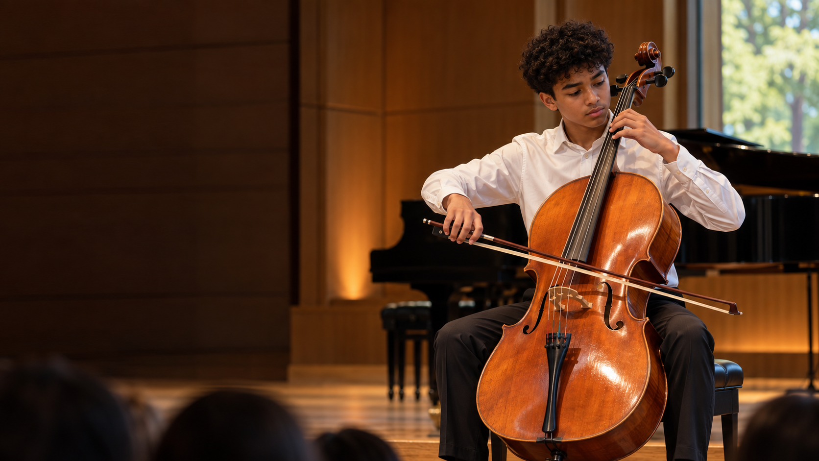 Illustrative scene of a teenage cellist performing in a warm recital hall