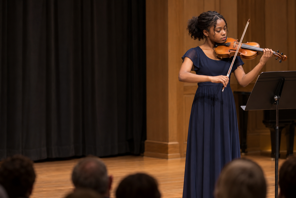 Illustrative scene of a teenage violinist on a recital stage