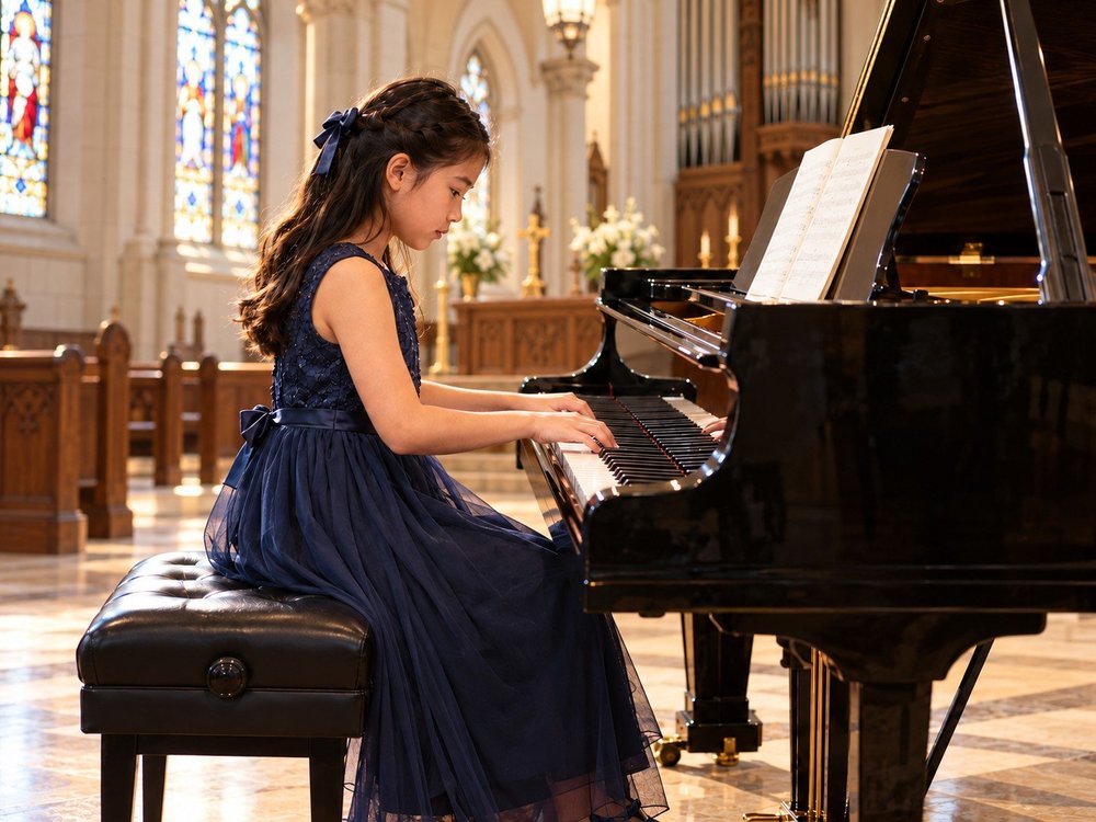 Illustrative scene of a young pianist performing in a church sanctuary