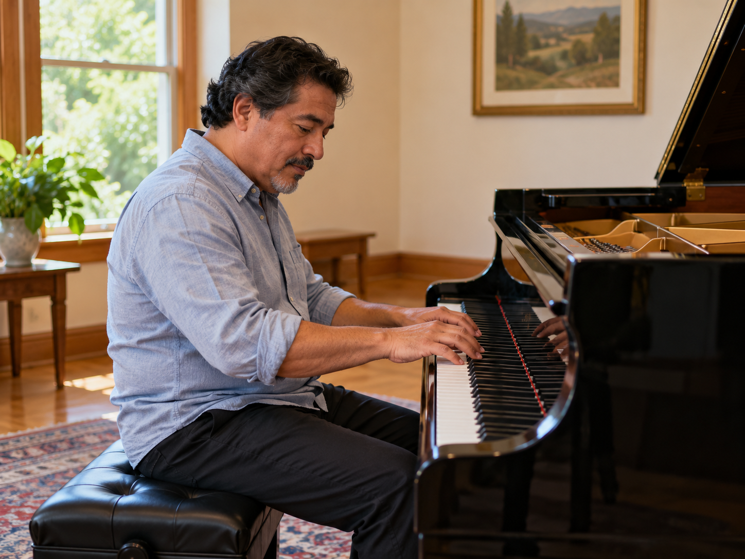 Illustrative scene of an adult pianist in a welcoming recital room