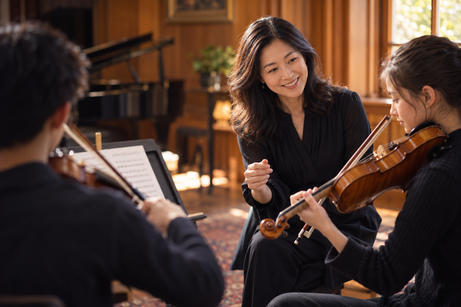 Illustrative scene of a smiling music teacher coaching young violinists in a sunlit studio