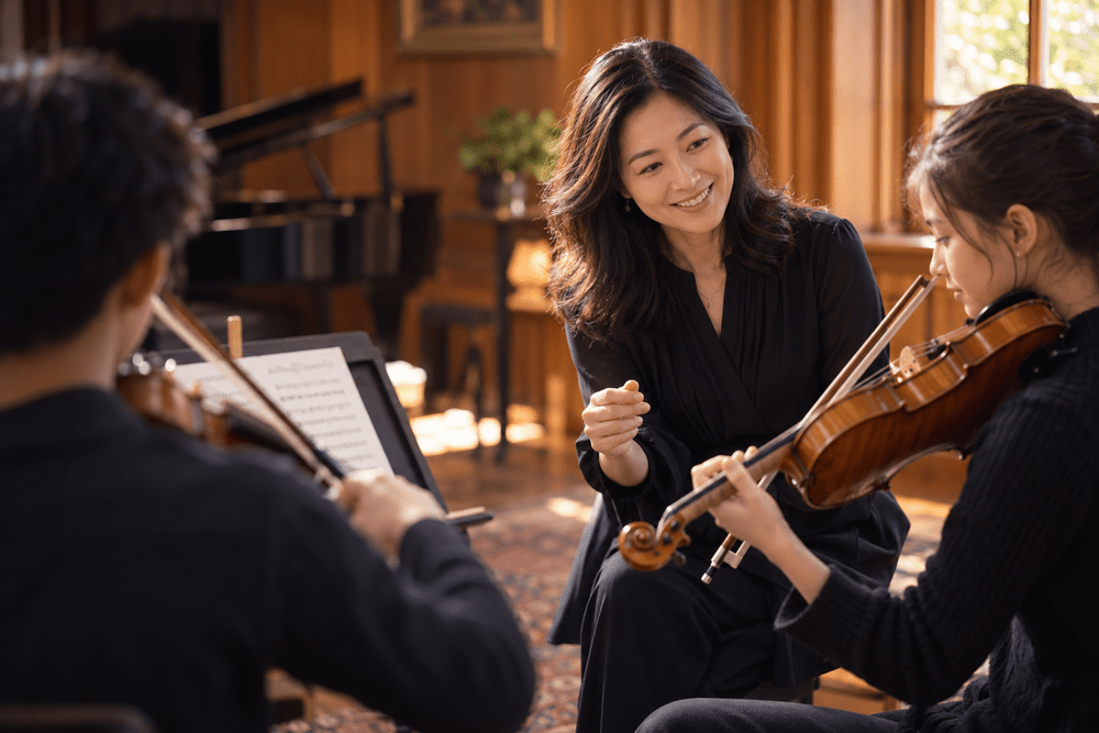 Illustrative scene of a music teacher working with young violinists