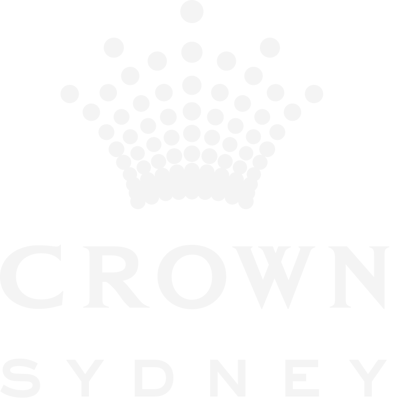 Logo with a crown made of dots above the words "CROWN SYDNEY" in bold white letters on a black background.