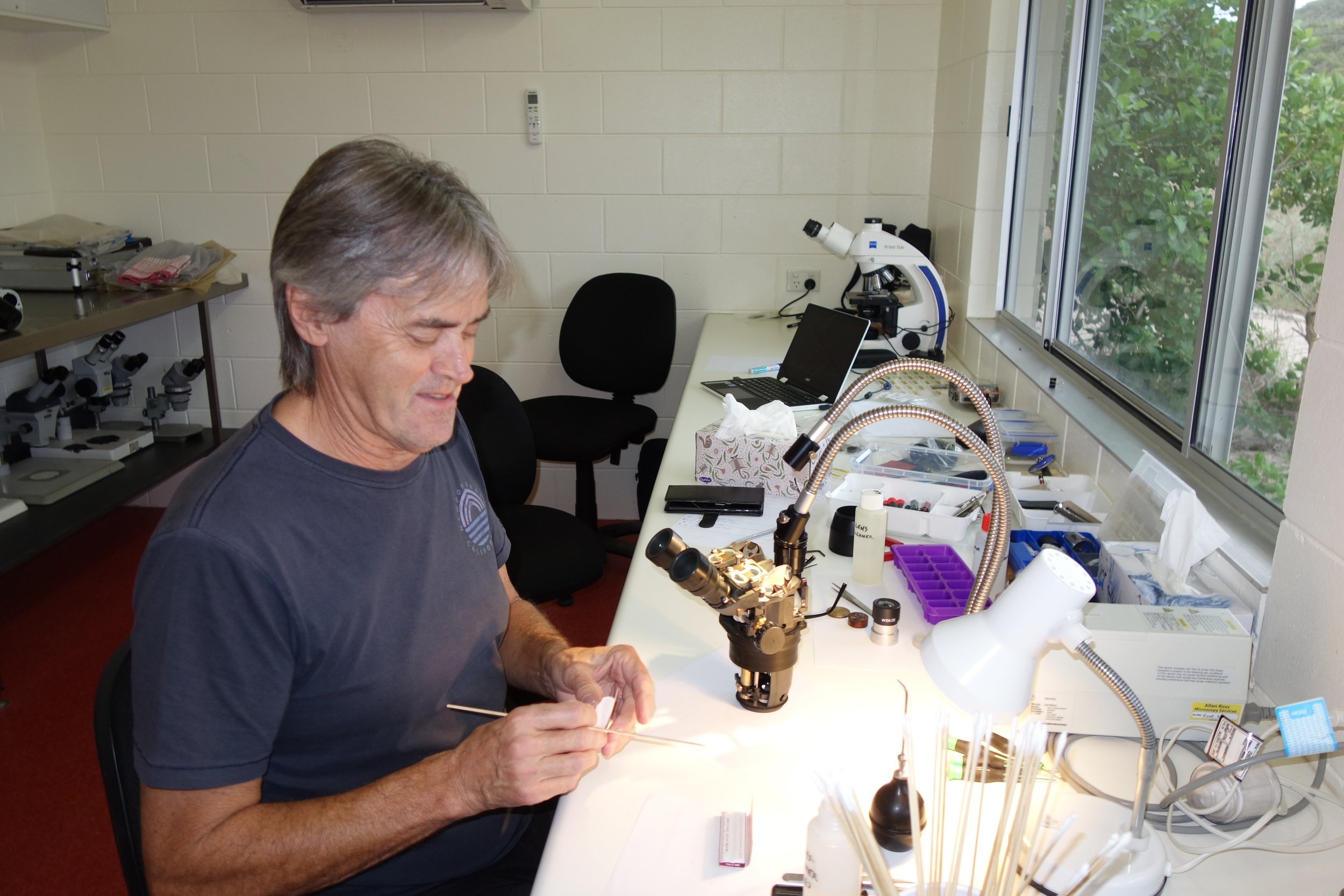  LIRS has 20 microscopes and 15 light sources, each of which has to be maintained in top working condition. This photo shows the microscope technician giving them their annual service.  