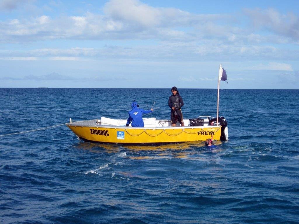  LIRS has twelve research dinghies for use around the island and three larger boats for travel to inshore reefs and the outer barrier reefs.  When cyclones approach, all boats need to be taken out of the water. This photo shows researchers preparing 