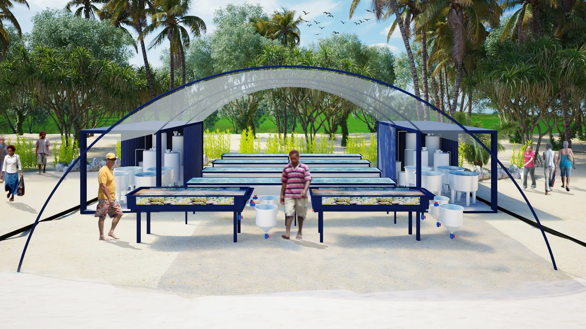 A fish farm setup, with tanks and water systems, under a transparent arched shelter in a tropical environment with palm trees and people walking nearby.