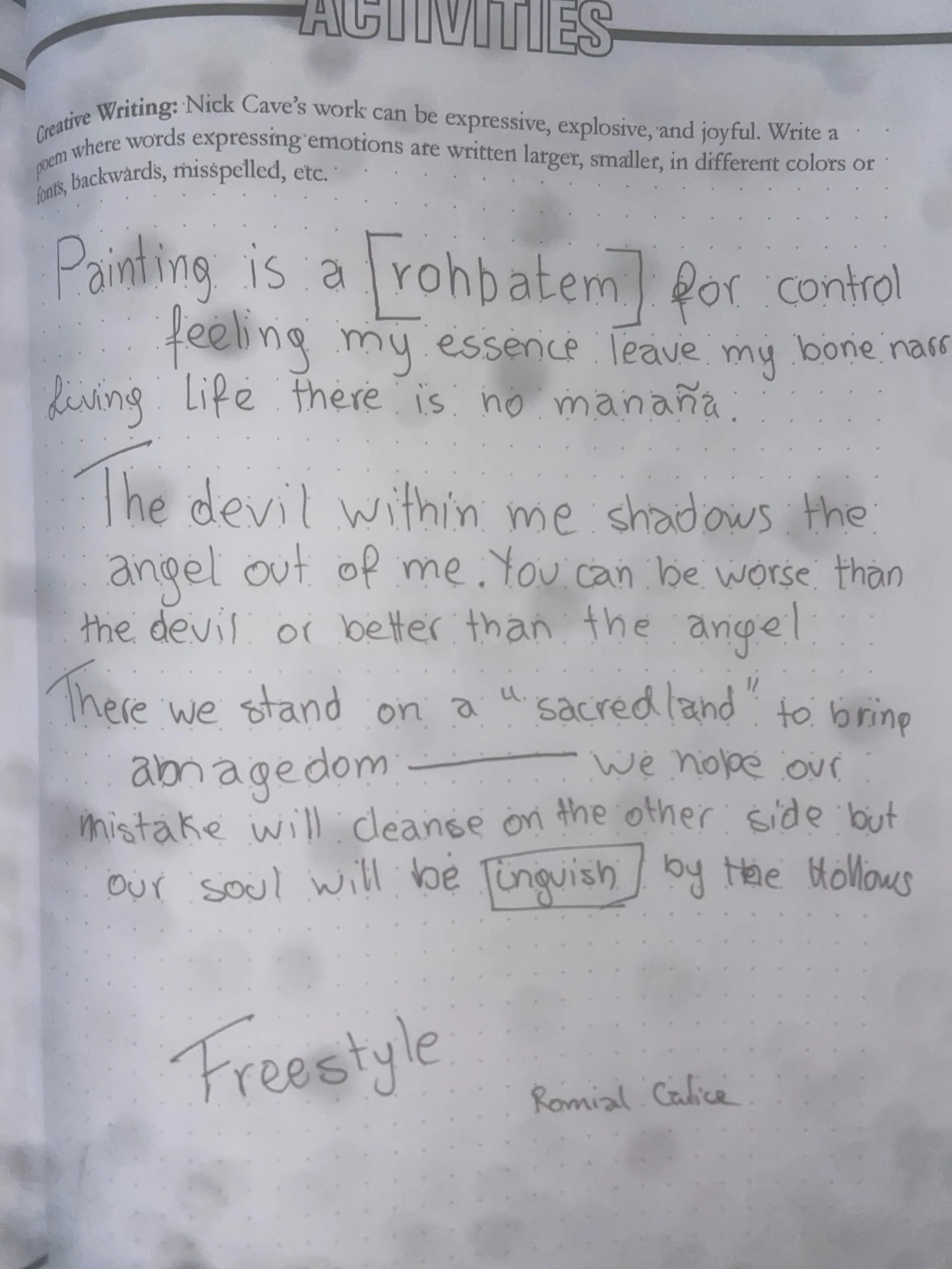 Nick Cave’s work can be expressive, explosive, and joyful. Write a poem where words expressing emotions are written larger, smaller, in different colors or fonts, backwards, misspelled, etc.Nick Cave’s work can be expressive, explosive, and joyful. W