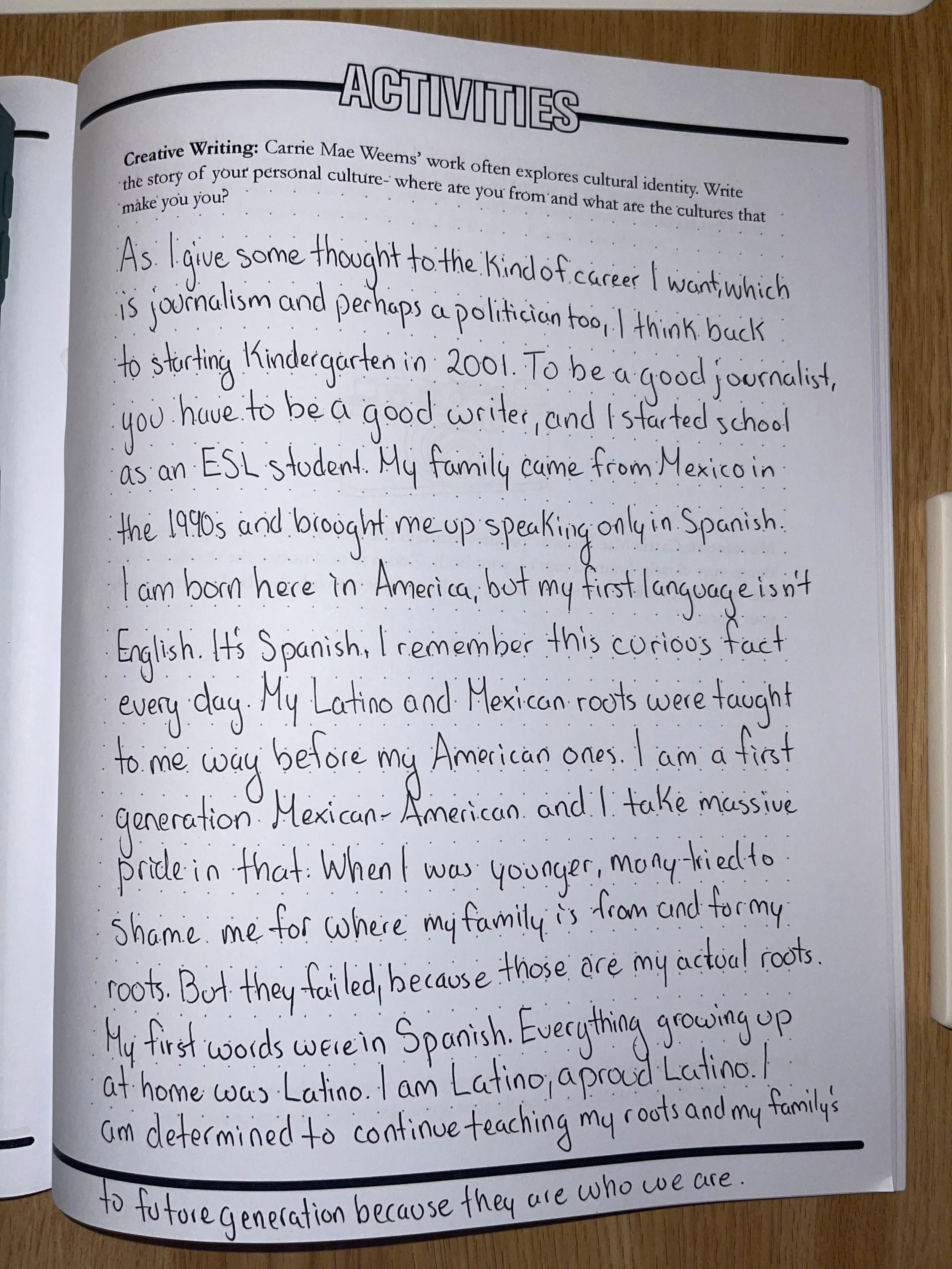 Carrie Mae Weems’ work often explores cultural identity. Write the story of your personal culture- where are you from and what are the cultures that make you you?