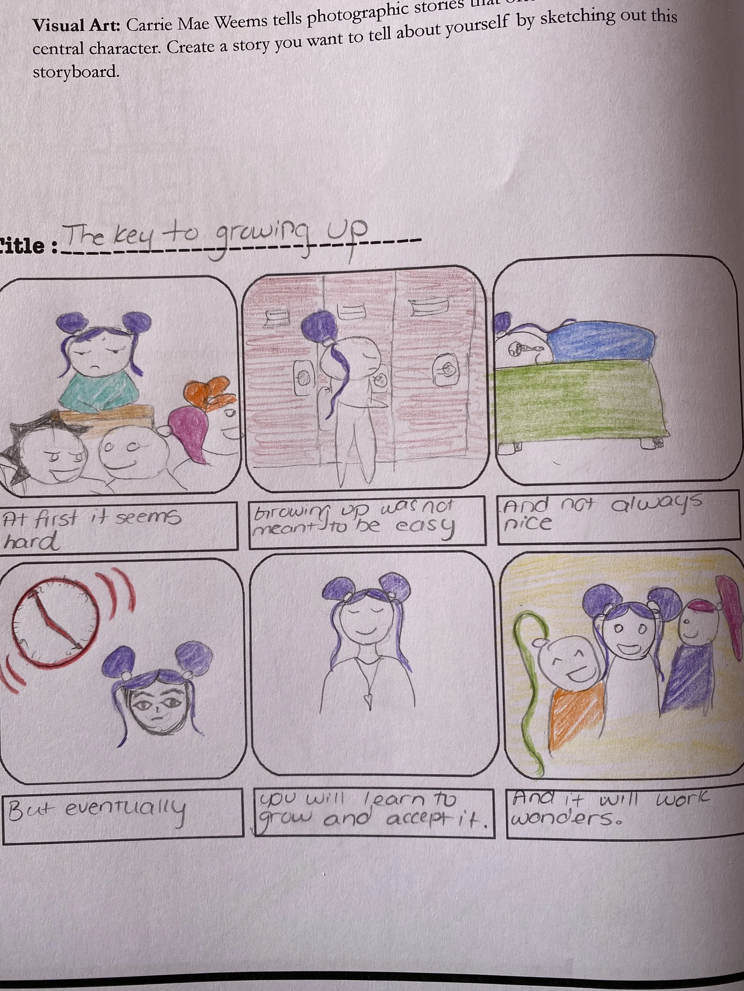 Carrie Mae Weems tells photographic stories that often use herself as a central character. Create a story you want to tell about yourself by sketching out this storyboard.