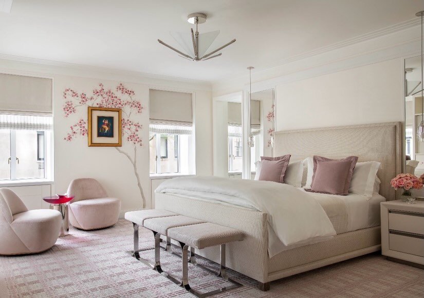 A little color goes a long way.

Soft blush tones, layered textures, and a custom embroidered wallcovering bring warmth and personality to this primary bedroom. A serene retreat where subtle color and intricate detail take center stage.

Interiors: @