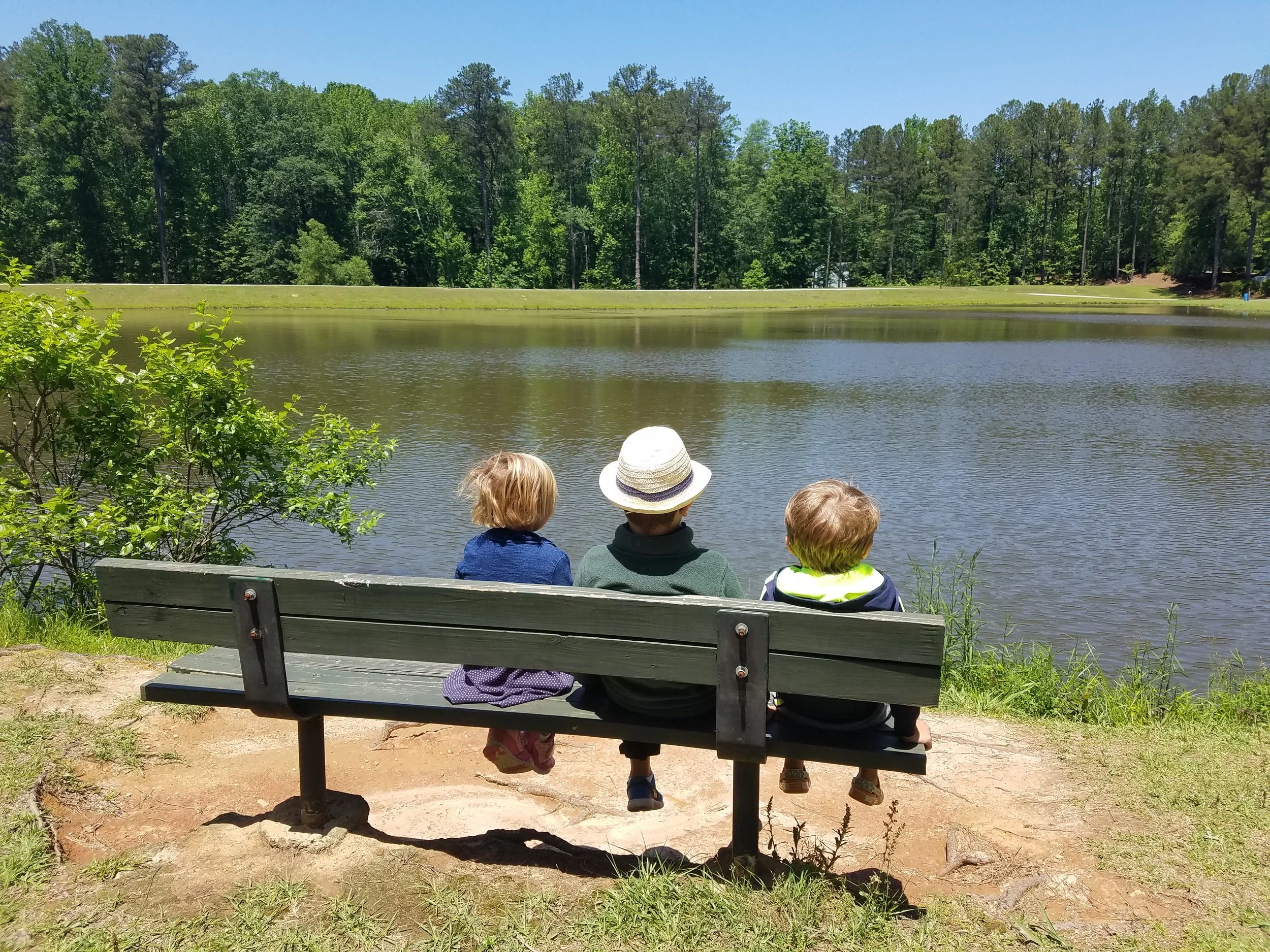 three children sitting on a bench with their backs to the camera, facing a lake