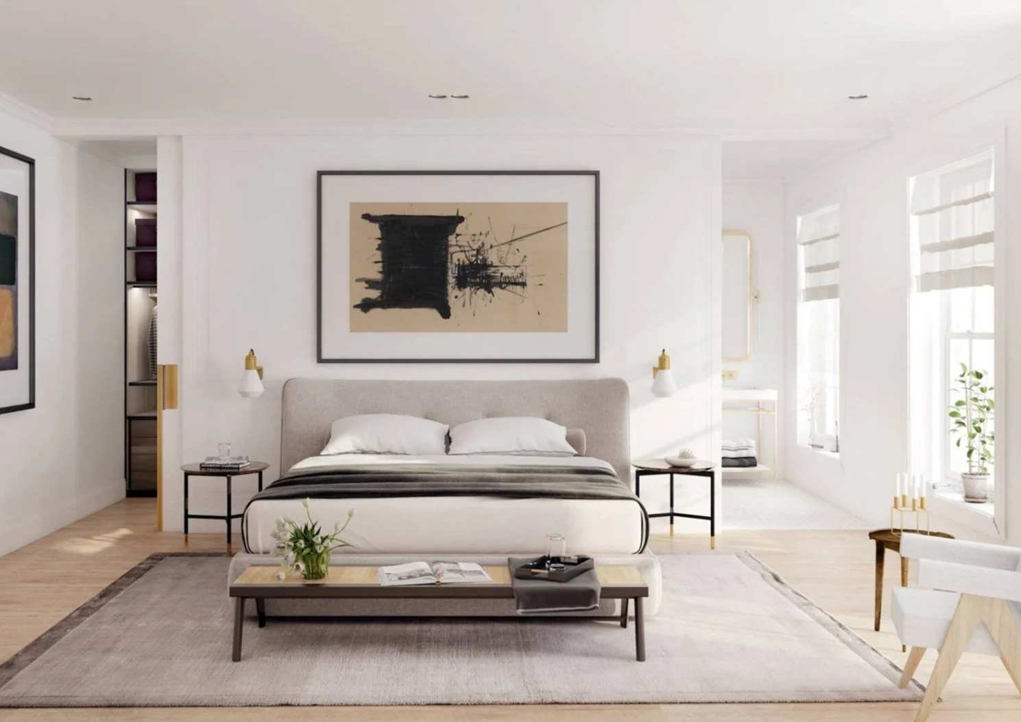 Minimalist NYC bedroom organized with white bedding and modern decor