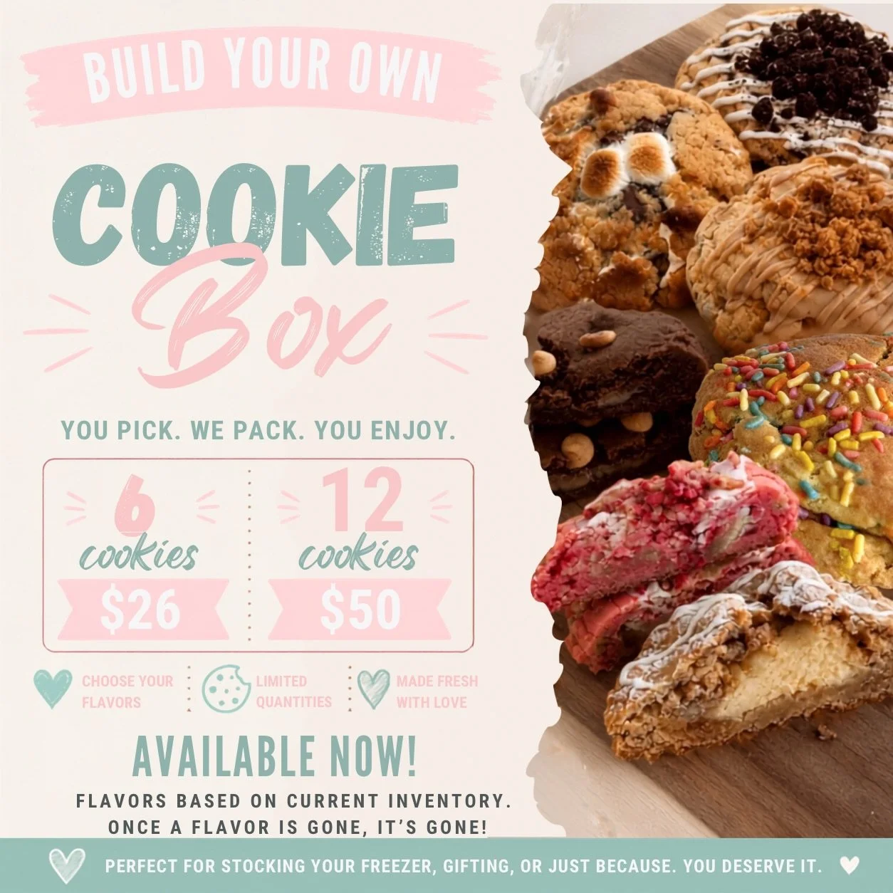 🚨 BUILD YOUR OWN COOKIE BOX IS LIVE! 🍪

I&rsquo;ve got some inventory left from this weekend and instead of choosing the box for you&hellip; YOU get to build your own! 🙌🏽

Pick your favorites. Double up on the ones you love. Skip the ones you don