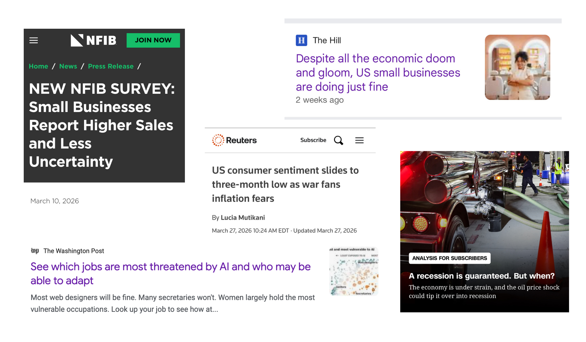 Collage of news headlines about economic uncertainty for small businesses