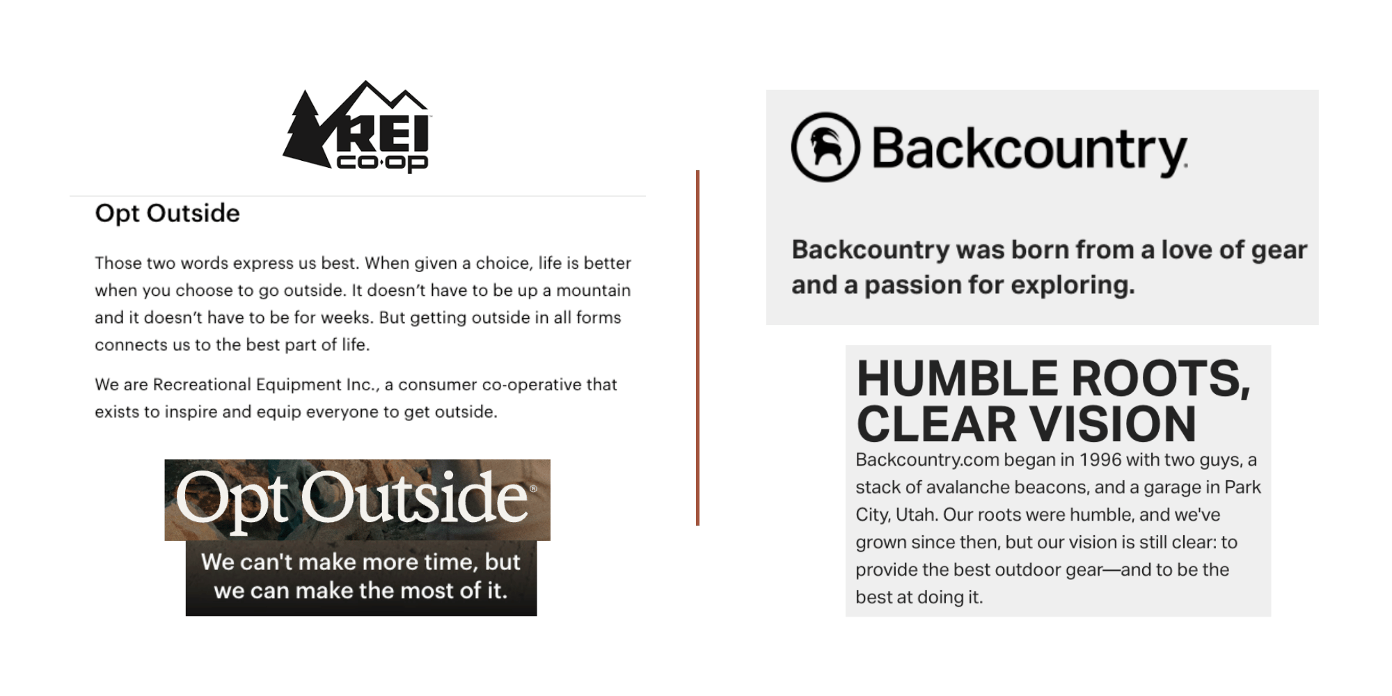 Infographic by Little Flame Creative comparing REI and Backcountry's brand messaging