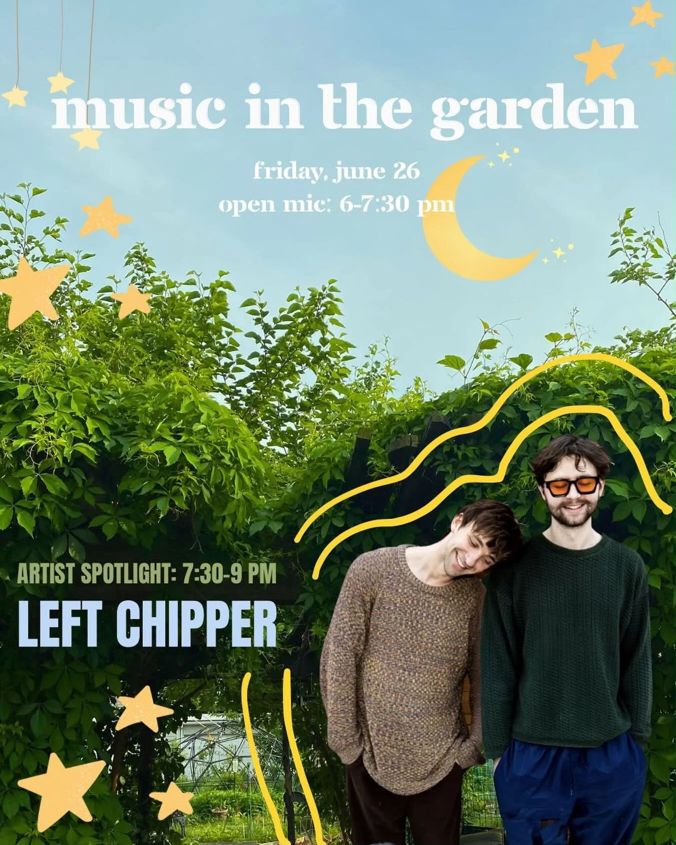 **UPDATE Canceled due to rain // 🌟 FRIDAY! 🌟 Music in the Garden is kicking off with an open mic from 6-7:30pm and artist spotlight from 7:30-9pm: 

Left Chipper is a progressive music duo serving the DMV. They derive their sound from contemporary 