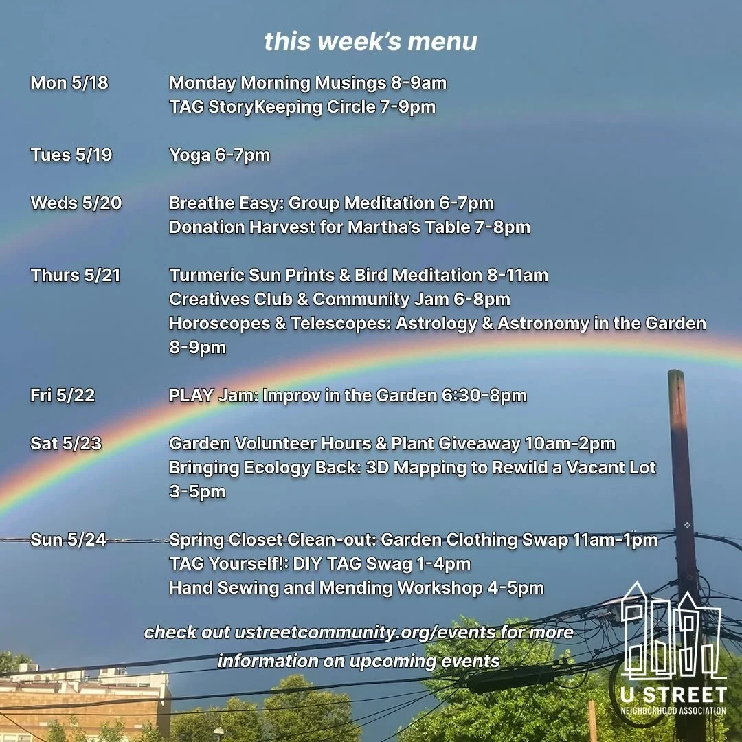 **UPDATE: Yoga, Meditation, Turmeric Sun Printing, Horoscopes and Telescopes, Creatives Club, and Clothing Swap are canceled due to weather, Play Jam postponed to 5/24 from 5:30-7pm, Bringing Ecology Back postponed to 5/31 from 11:30am-1pm // One of 